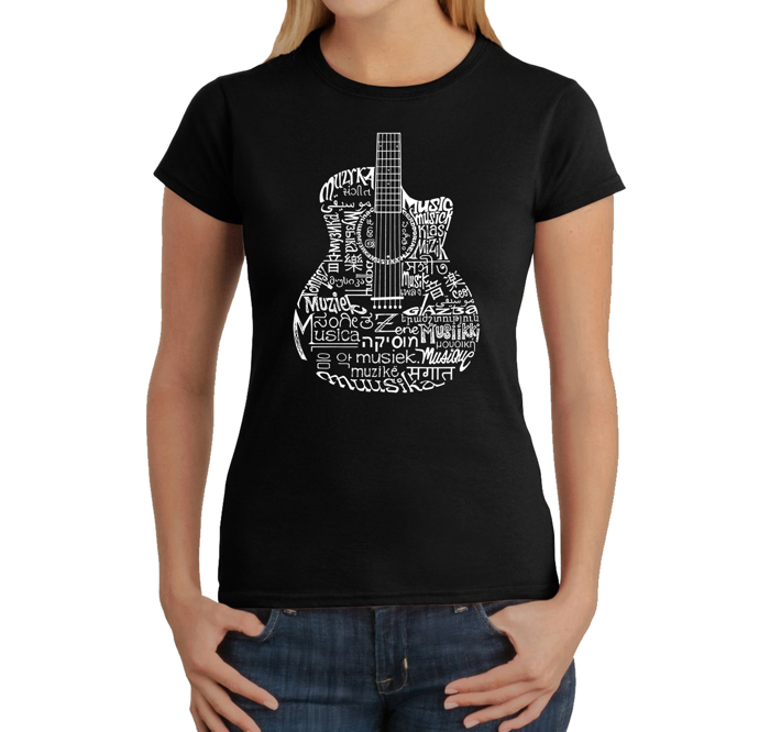 Women's Word Art T-Shirt - Languages Guitar