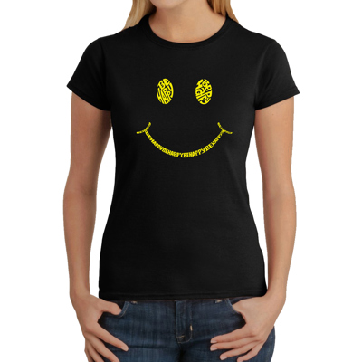 Women's Word Art T-Shirt - Be Happy Smiley Face