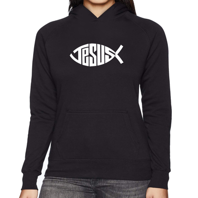 Christian Jesus Name Fish Symbol - Women's Word Art Hooded Sweatshirt
