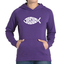 Purple Medium Christian Jesus Name Fish Symbol - Women's Word Art Hooded Sweatshirt