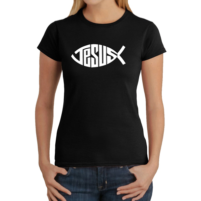 Women's Word Art T-Shirt - Christian Jesus Name Fish Symbol