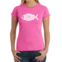 Pink X-Small Women's Word Art T-Shirt - Christian Jesus Name Fish Symbol