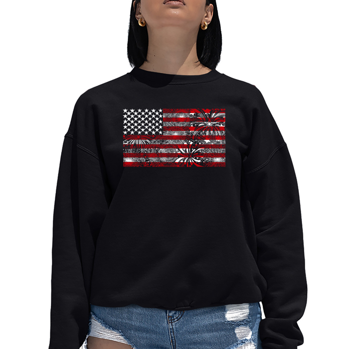 Fireworks American Flag - Women's Word Art Crewneck Sweatshirt