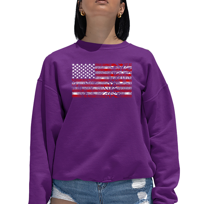 Fireworks American Flag - Women's Word Art Crewneck Sweatshirt