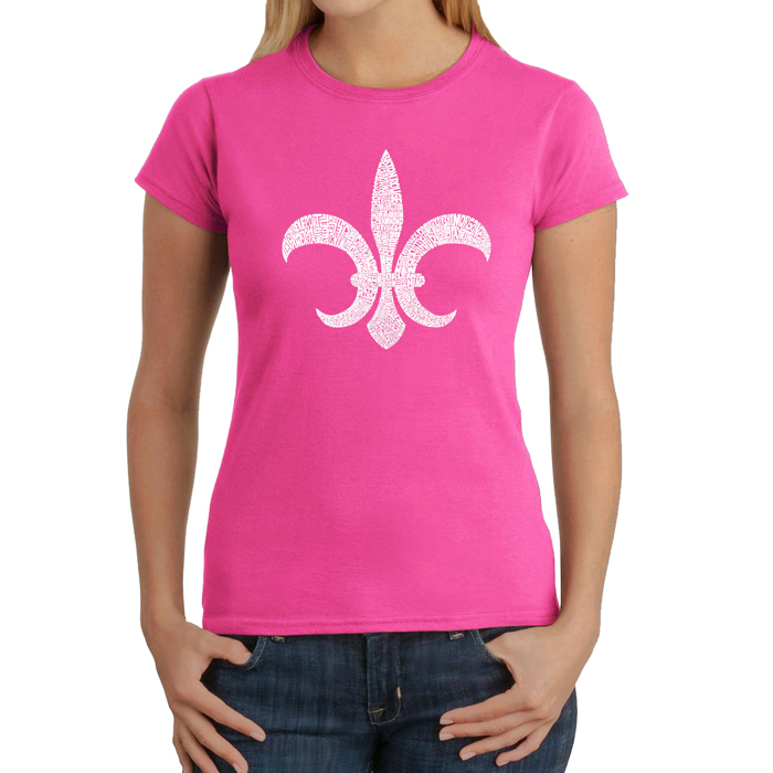 Women's Word Art T-Shirt - FLEUR DE LIS - POPULAR LOUISIANA CITIES