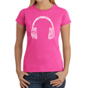 Pink Small Women's Word Art T-Shirt - HEADPHONES - LANGUAGES