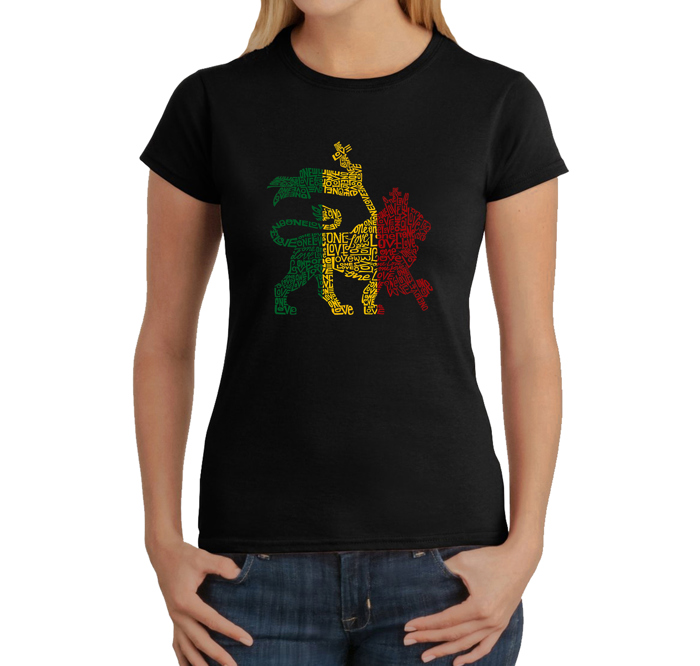 Women's Word Art T-Shirt - Rasta Lion - One Love