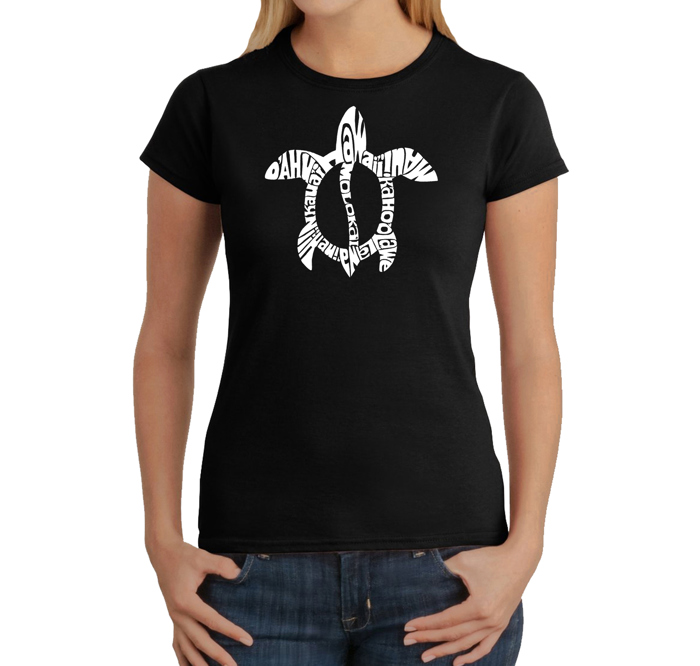 Women's Word Art T-Shirt - Honu Turtle - Hawaiian Islands