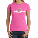 Pink Medium Believe UFO - Women's Word Art T-Shirt