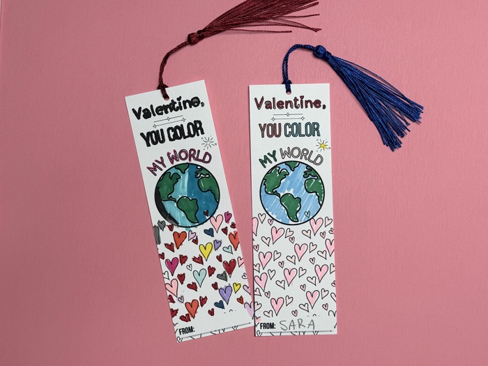 Personalized Coloring Bookmark Valentine favor for school, Non-Sugar ready to be gifted Valentines for classroom handout