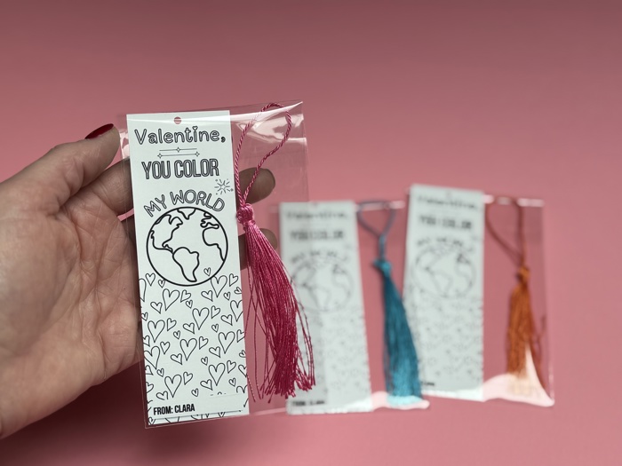 Personalized Coloring Bookmark Valentine favor for school, Non-Sugar ready to be gifted Valentines for classroom handout