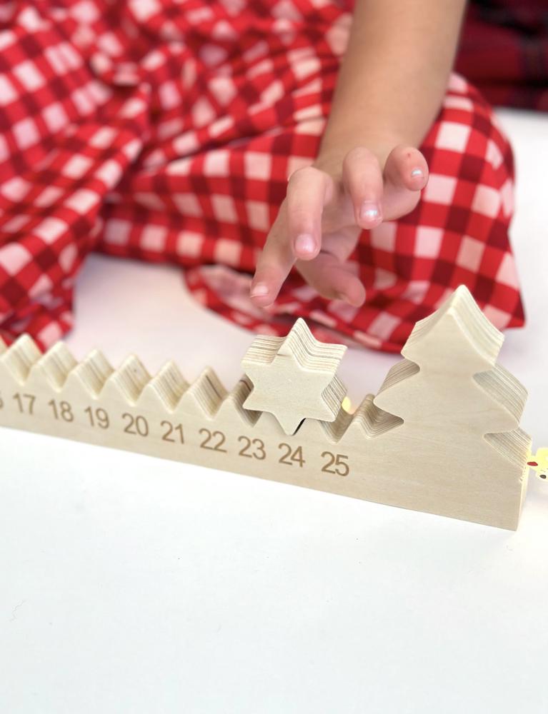 Wooden Advent Calendar Countdown to Christmas with star and Christmas tree