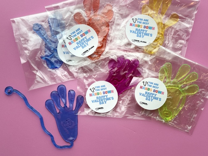 Sticky Hands Class Valentine favor personalized with Stickers, Valentine Favor for school handout, Non-Sugar gift for preschool kindergarten
