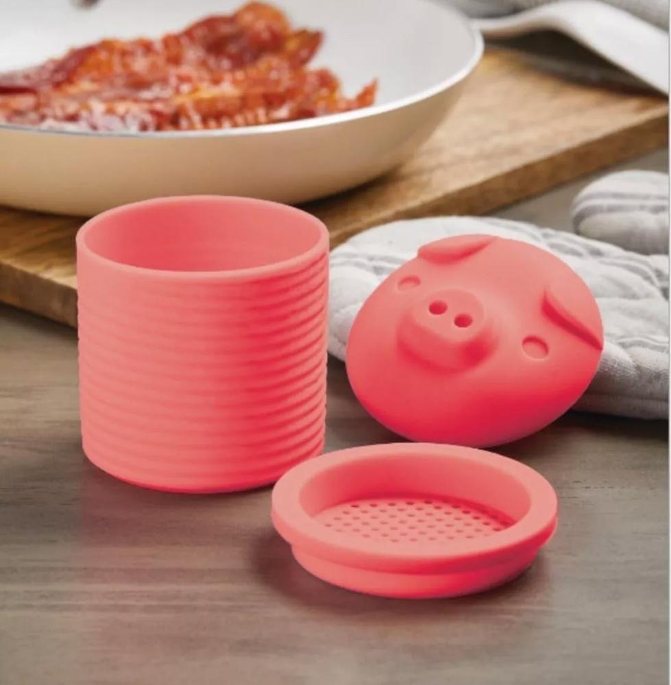 Silicone Pig Bacon Grease Holder Container with Mesh Strainer