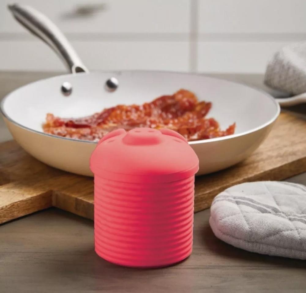 Silicone Pig Bacon Grease Holder Container with Mesh Strainer