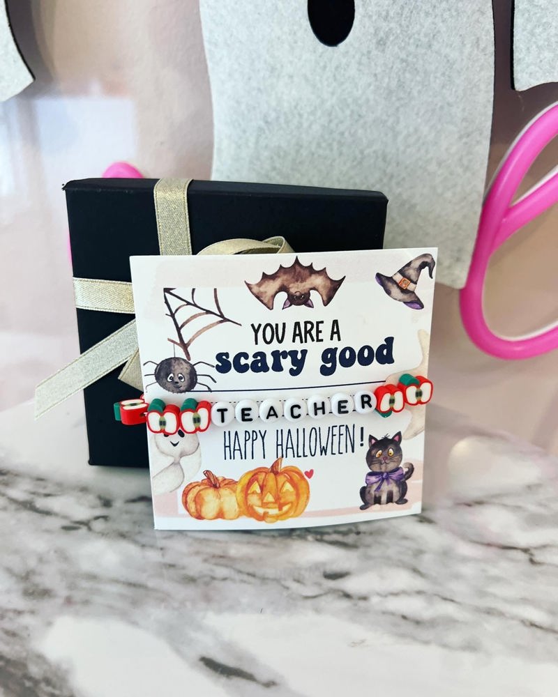 You're a SCARY GOOD Teacher! Apple Teacher Bracelet, Card, box & ribbon! Complete Gift! 