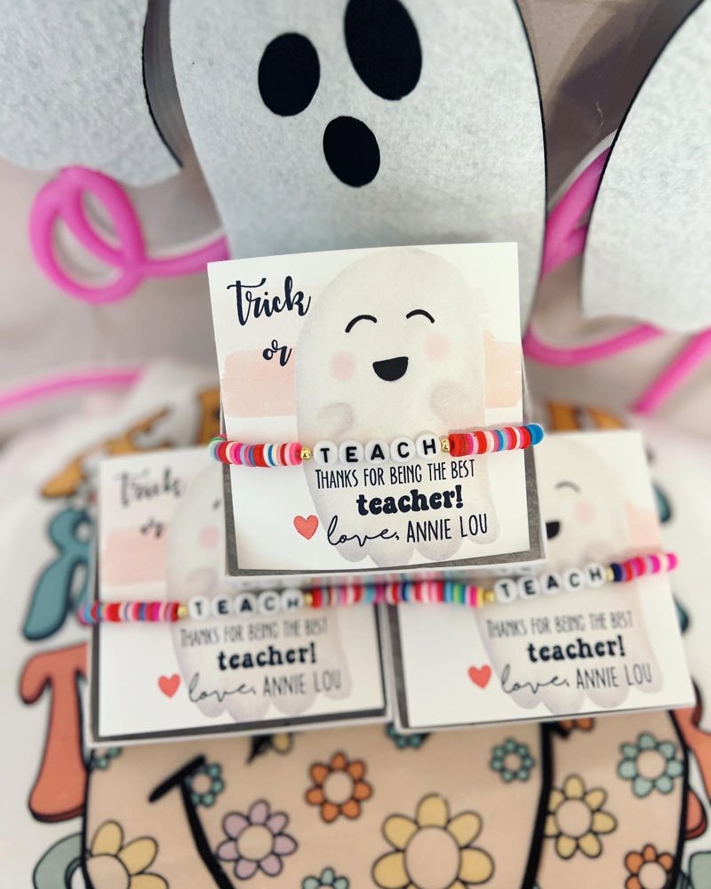 Trick or Teach! Rainbow disc bead "Teach" bracelet with cute ghost card, box & ribbon included!