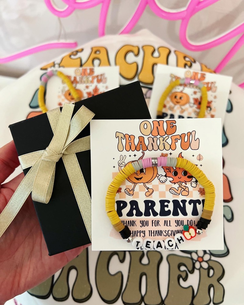 Thankful for you, Teacher gift! Thanksgiving Teacher appreciation gift, clay disc bead TEACH bracelet, personalized card, box & ribbon!