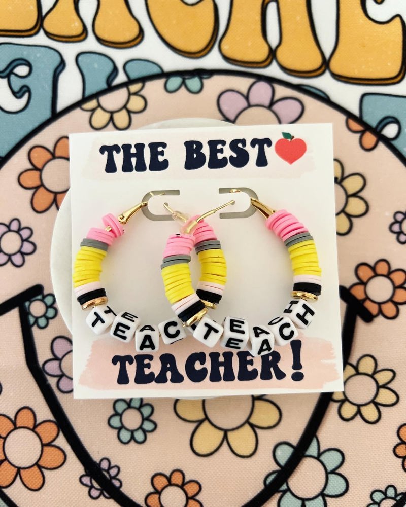 Teach Pencil Hoop Earrings! Teacher thank you gift! Handmade clay disc beads! Teacher appreciation gift! card, box & ribbon!