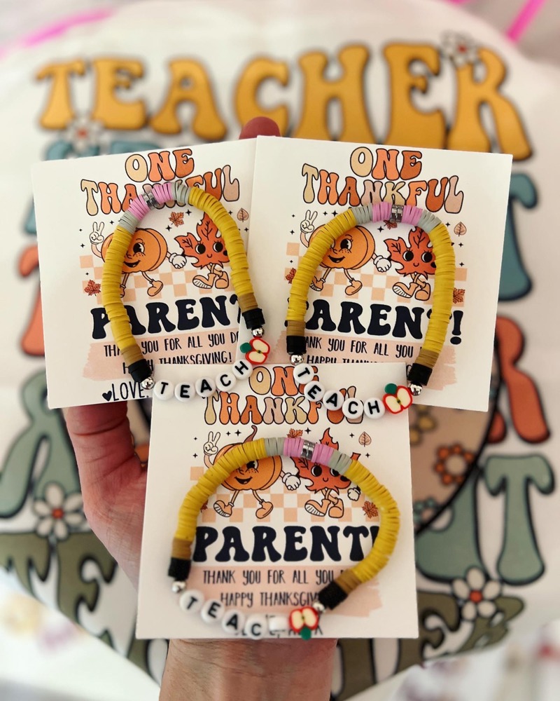 Thankful for you, Teacher gift! Thanksgiving Teacher appreciation gift, clay disc bead TEACH bracelet, personalized card, box & ribbon!