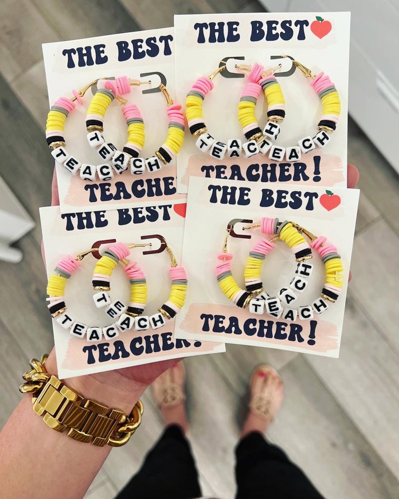 Teach Pencil Hoop Earrings! Teacher thank you gift! Handmade clay disc beads! Teacher appreciation gift! card, box & ribbon!