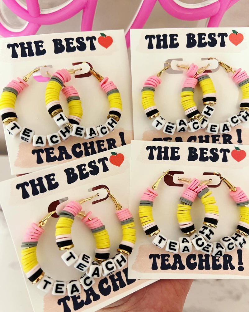 Teach Pencil Hoop Earrings! Teacher thank you gift! Handmade clay disc beads! Teacher appreciation gift! card, box & ribbon!