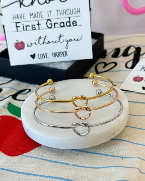 Teacher Appreciation End of Year Teacher Gift Knot Bangle! NON-TARNISH, Personalized card, bangle, box & ribbon included too!