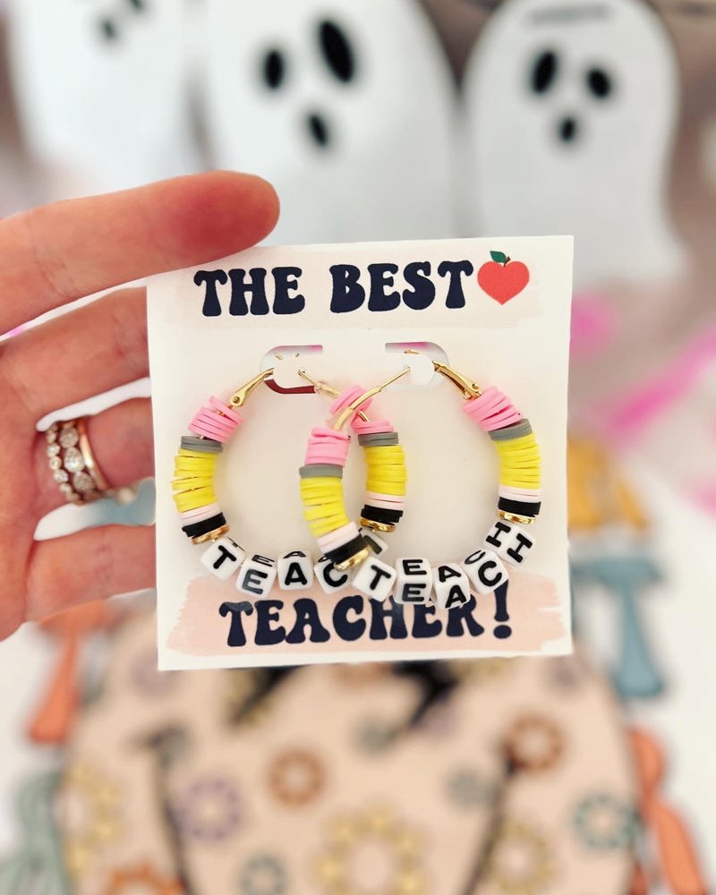 Teach Pencil Hoop Earrings! Teacher thank you gift! Handmade clay disc beads! Teacher appreciation gift! card, box & ribbon!