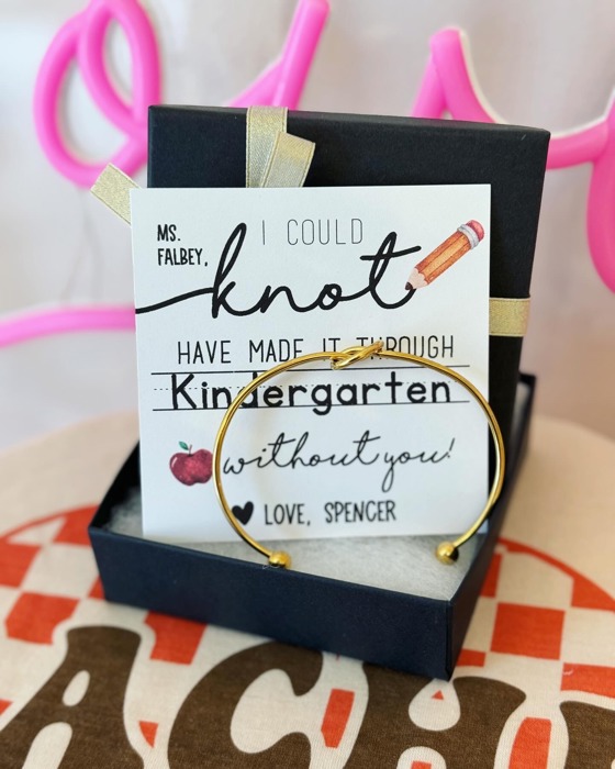 Teacher Appreciation End of Year Teacher Gift Knot Bangle! NON-TARNISH, Personalized card, bangle, box & ribbon included too!