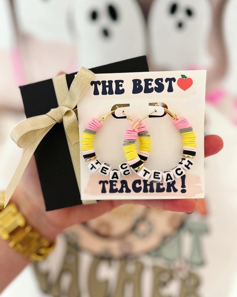 Teach Pencil Hoop Earrings! Teacher thank you gift! Handmade clay disc beads! Teacher appreciation gift! card, box & ribbon!