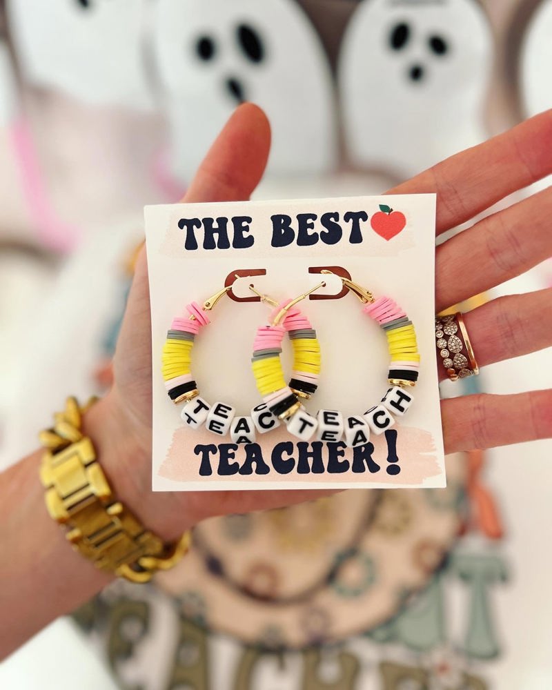 Teach Pencil Hoop Earrings! Teacher thank you gift! Handmade clay disc beads! Teacher appreciation gift! card, box & ribbon!