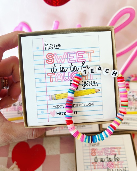 How Sweet It Is to Be Taught by You Bracelet – Teacher Valentine’s Day Gift Set: Bracelet, Card, Box & Ribbon