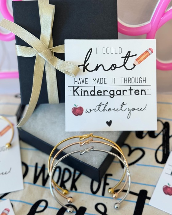 Teacher Appreciation End of Year Teacher Gift Knot Bangle! NON-TARNISH, Personalized card, bangle, box & ribbon included too!