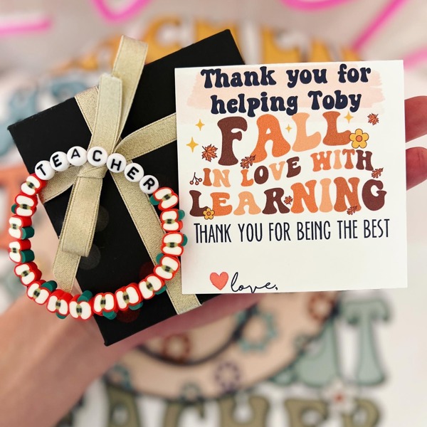 Fall in love with learning Teacher Apple bracelet Appreciation gift! Card, box & ribbon included! Thanksgiving gift!