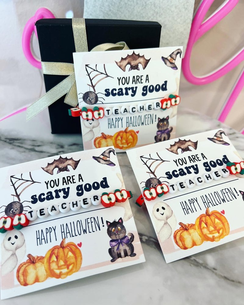 You're a SCARY GOOD Teacher! Apple Teacher Bracelet, Card, box & ribbon! Complete Gift! 