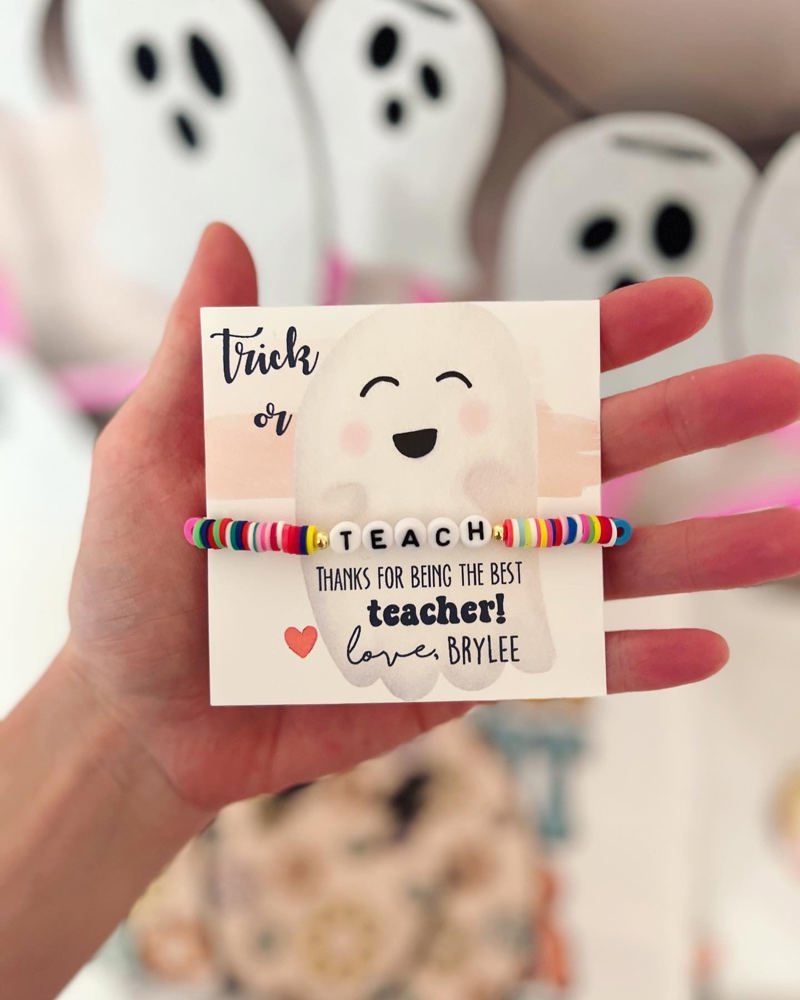 Trick or Teach! Rainbow disc bead "Teach" bracelet with cute ghost card, box & ribbon included!