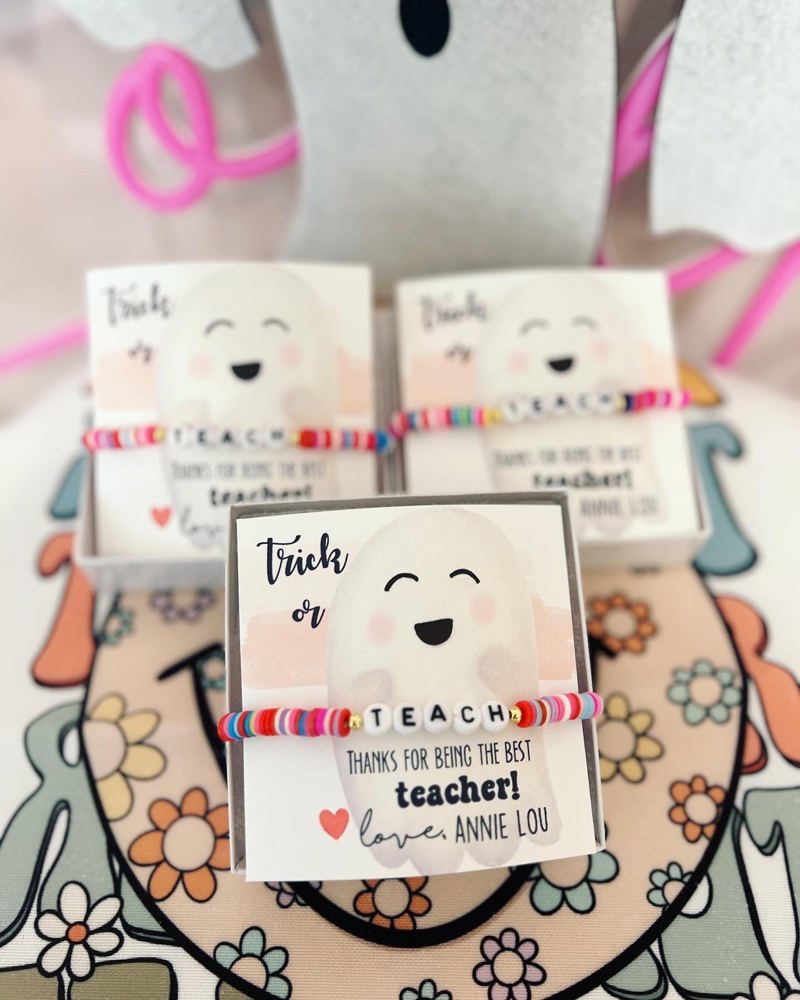 Trick or Teach! Rainbow disc bead "Teach" bracelet with cute ghost card, box & ribbon included!