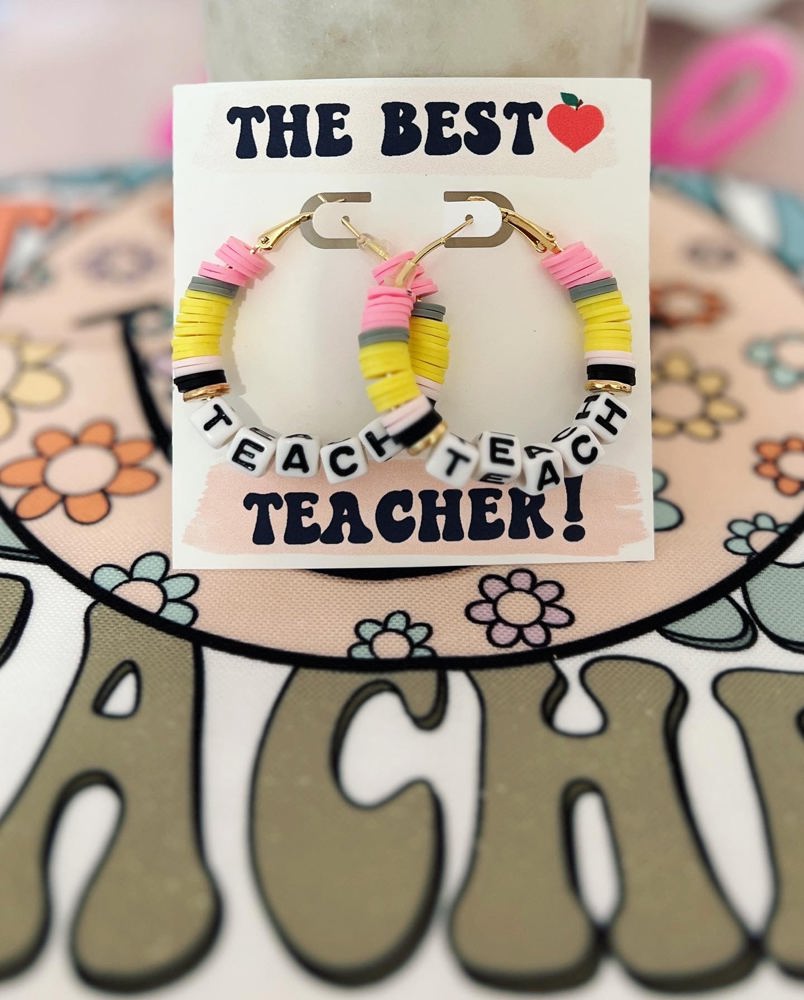 Teach Pencil Hoop Earrings! Teacher thank you gift! Handmade clay disc beads! Teacher appreciation gift! card, box & ribbon!