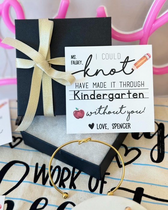 Teacher Appreciation End of Year Teacher Gift Knot Bangle! NON-TARNISH, Personalized card, bangle, box & ribbon included too!