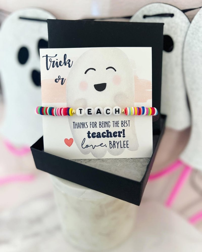 Trick or Teach! Rainbow disc bead "Teach" bracelet with cute ghost card, box & ribbon included!