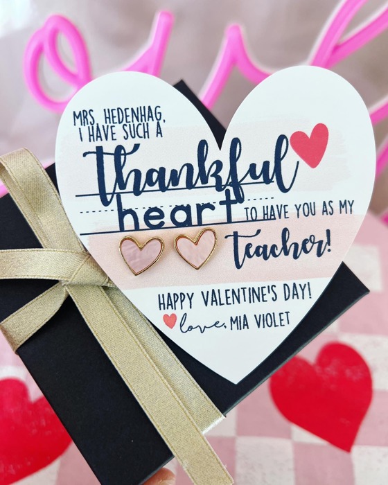 Valentine's Day Pink & Gold Heart Stud Earrings – Teacher Gift with Gift Card, Box & Ribbon Included!