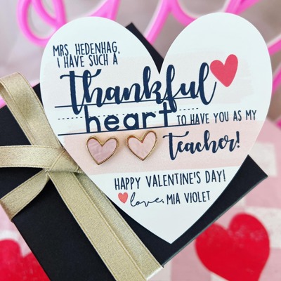 Valentine's Day Pink & Gold Heart Stud Earrings – Teacher Gift with Gift Card, Box & Ribbon Included!