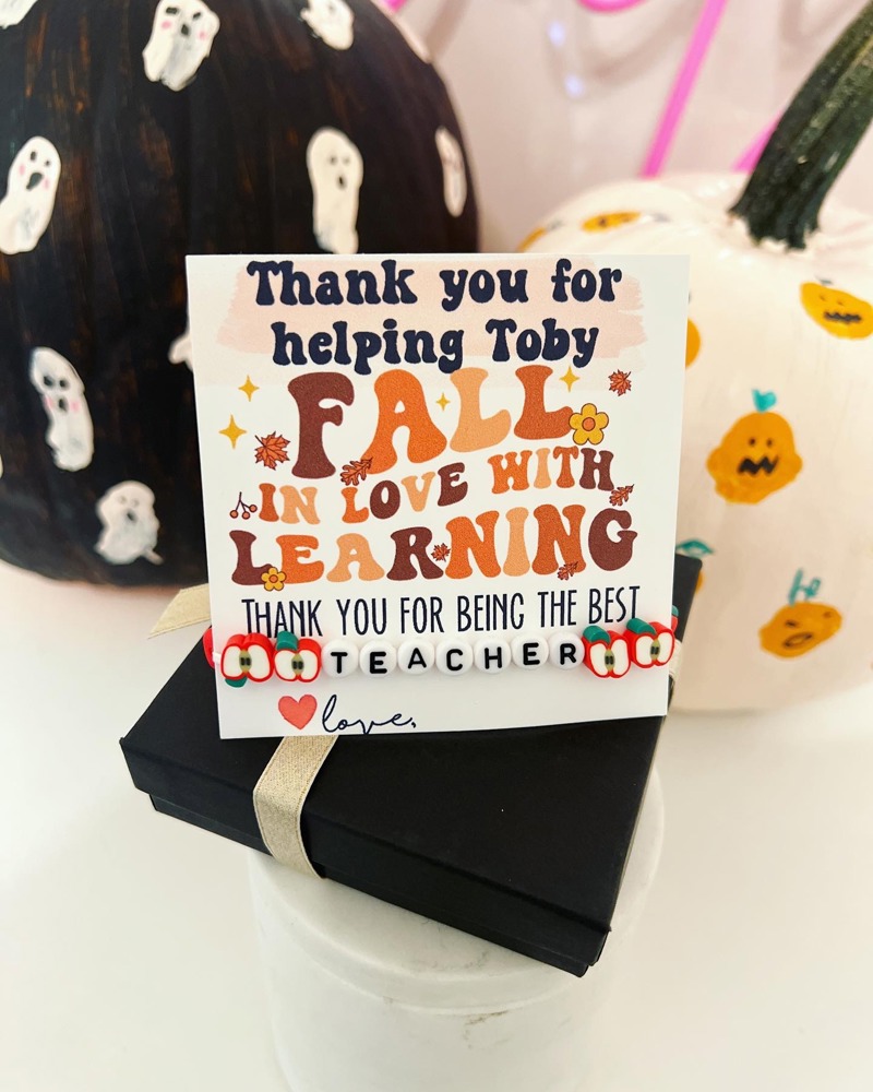 Fall in love with learning Teacher Apple bracelet Appreciation gift! Card, box & ribbon included! Thanksgiving gift!