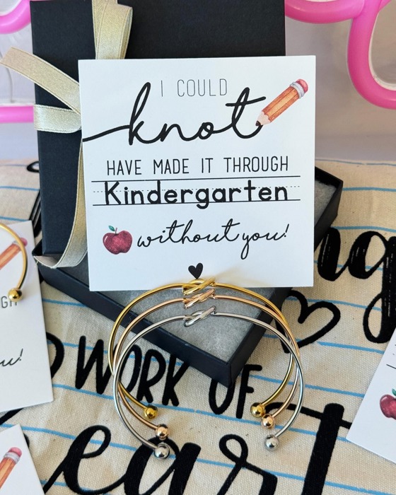 Teacher Appreciation End of Year Teacher Gift Knot Bangle! NON-TARNISH, Personalized card, bangle, box & ribbon included too!