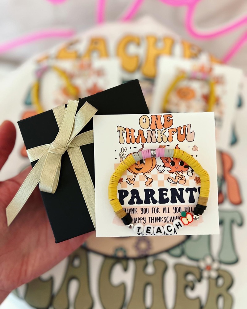 Thankful for you, Teacher gift! Thanksgiving Teacher appreciation gift, clay disc bead TEACH bracelet, personalized card, box & ribbon!