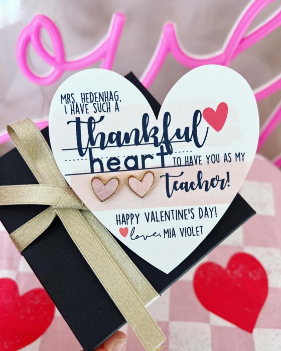 Valentine's Day Pink & Gold Heart Stud Earrings – Teacher Gift with Gift Card, Box & Ribbon Included!