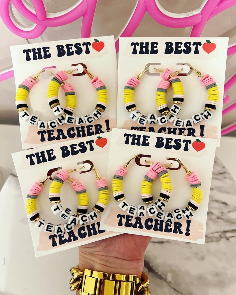 Teach Pencil Hoop Earrings! Teacher thank you gift! Handmade clay disc beads! Teacher appreciation gift! card, box & ribbon!