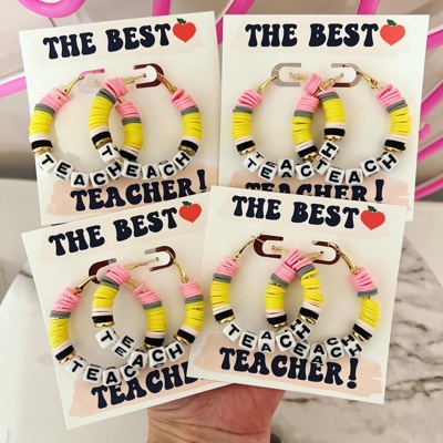 Teach Pencil Hoop Earrings! Teacher thank you gift! Handmade clay disc beads! Teacher appreciation gift! card, box & ribbon!