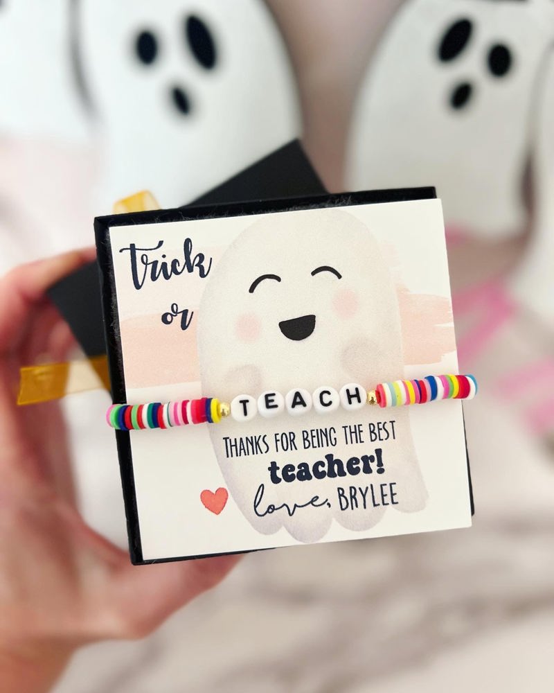 Trick or Teach! Rainbow disc bead "Teach" bracelet with cute ghost card, box & ribbon included!