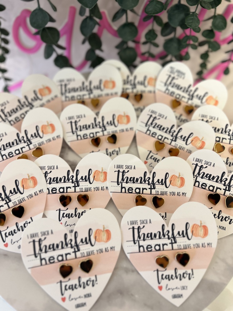 Thankful Heart Teacher Gift! Tortoise Shell Heart Studs, Thanksgiving Teacher Gift, Gratitude Gift! Card, box & ribbon included!